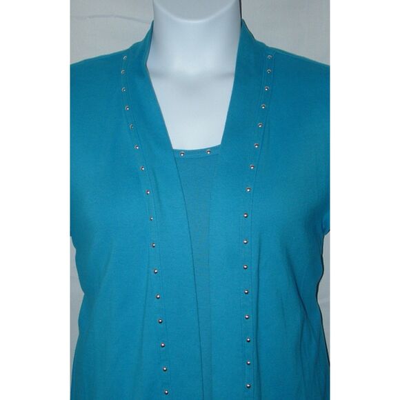 Blue Sz XL Soft Stretchy Cotton Studded Open Jacket & Tank Top 2 Pc Set RAFAELLA - Picture 2 of 7